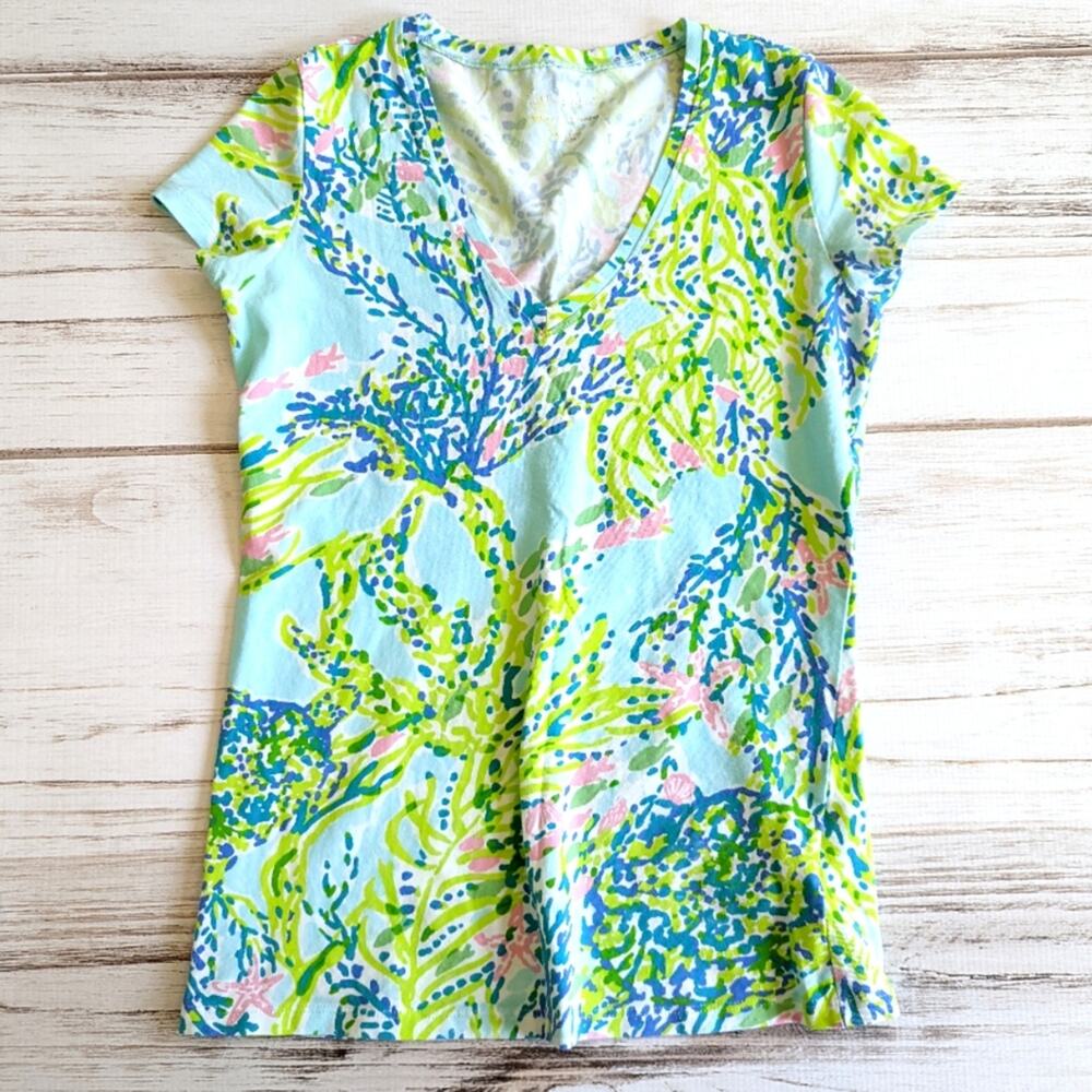 Lilly Pulitzer S Michele V-neck Top Coral Reef Print Short Sleeve Tee Sz XXSmall
